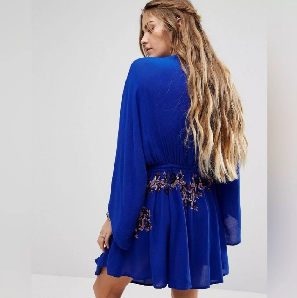 Free People Royal Blue Embroidered Floral Boho Mini Dress - Picture 2 of 13